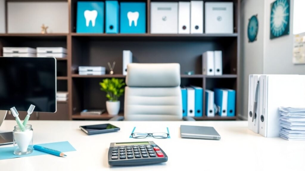 Professional dental bookkeeping office with organized workspace.