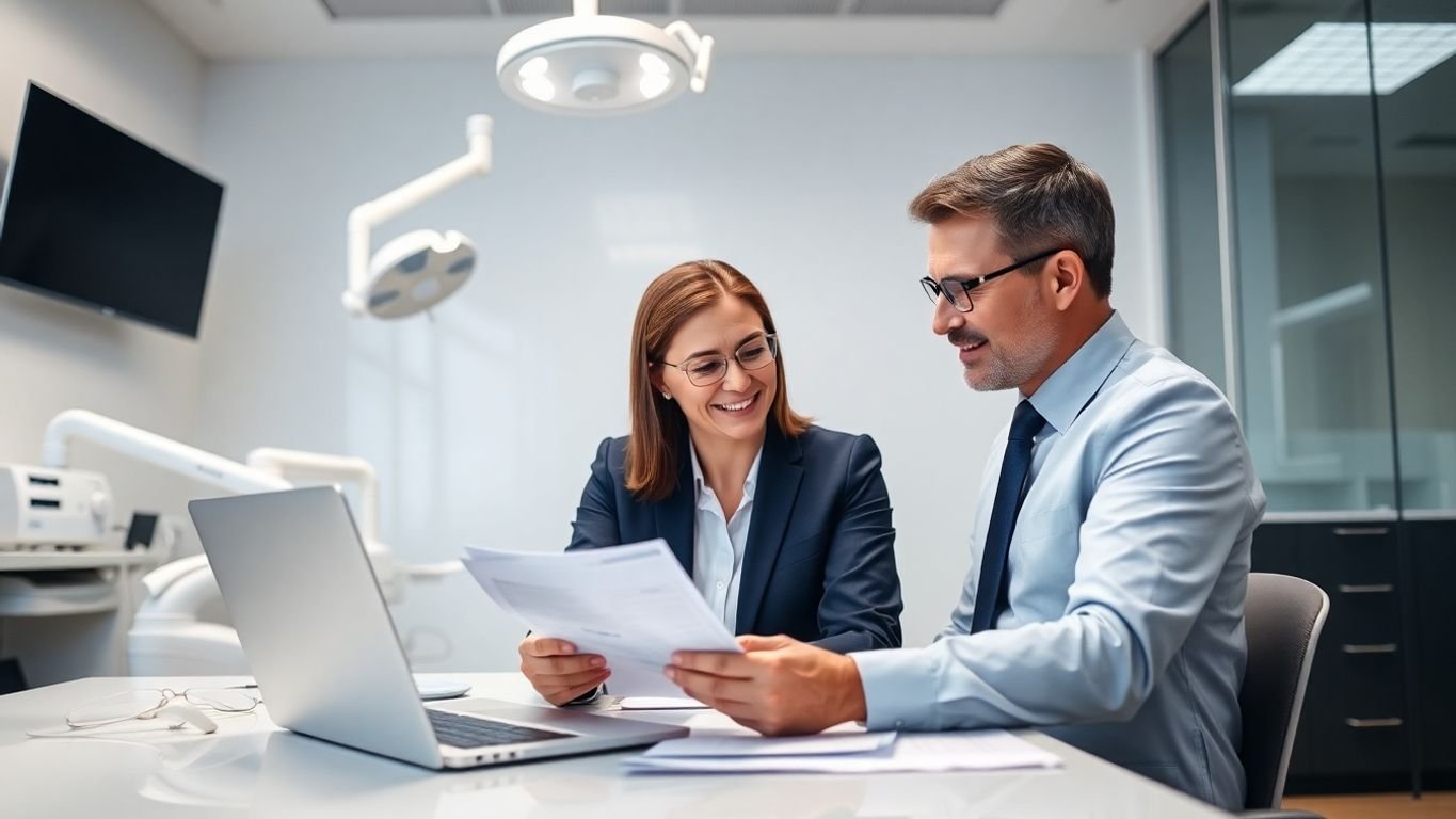 Dental accountant working in a professional office setting.