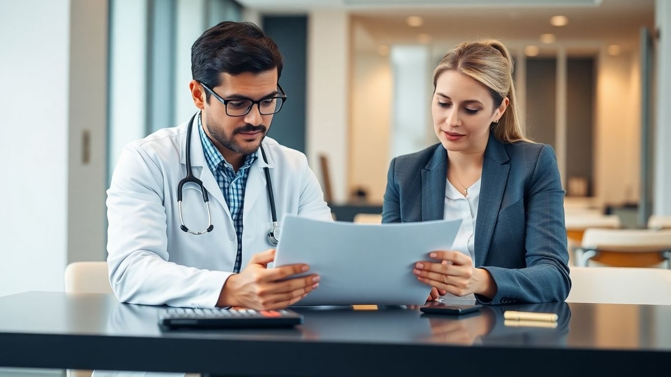 Medical professional, accountant collaborating on finances.