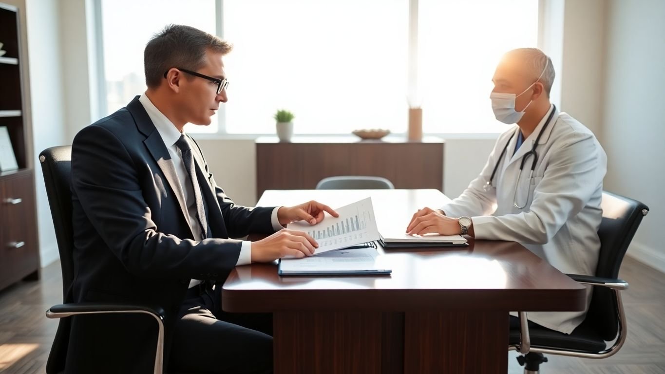 Professional accountant explaining financial documents to a doctor.