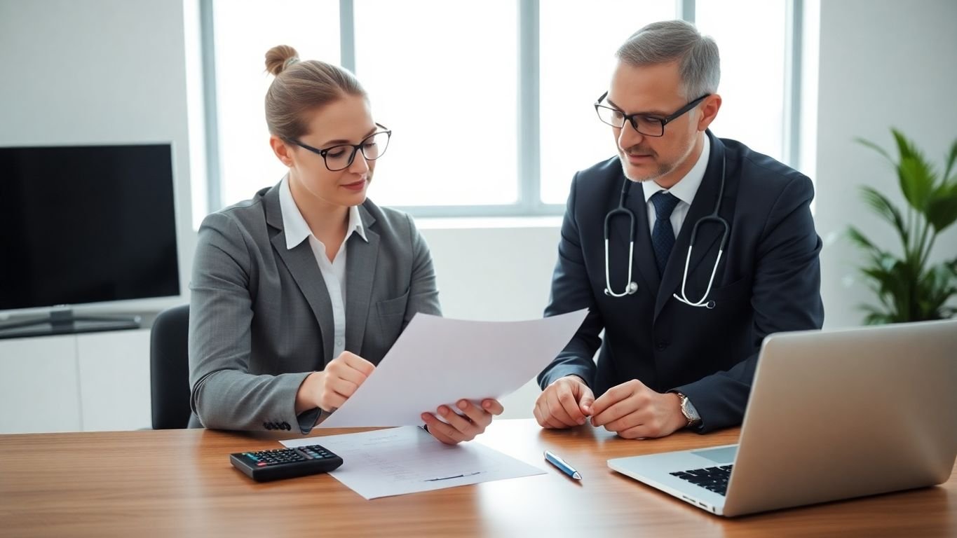Accountant and doctor discussing finances.