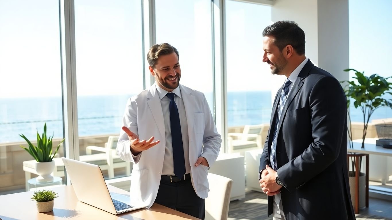 CPA and physician discuss finance in modern office.