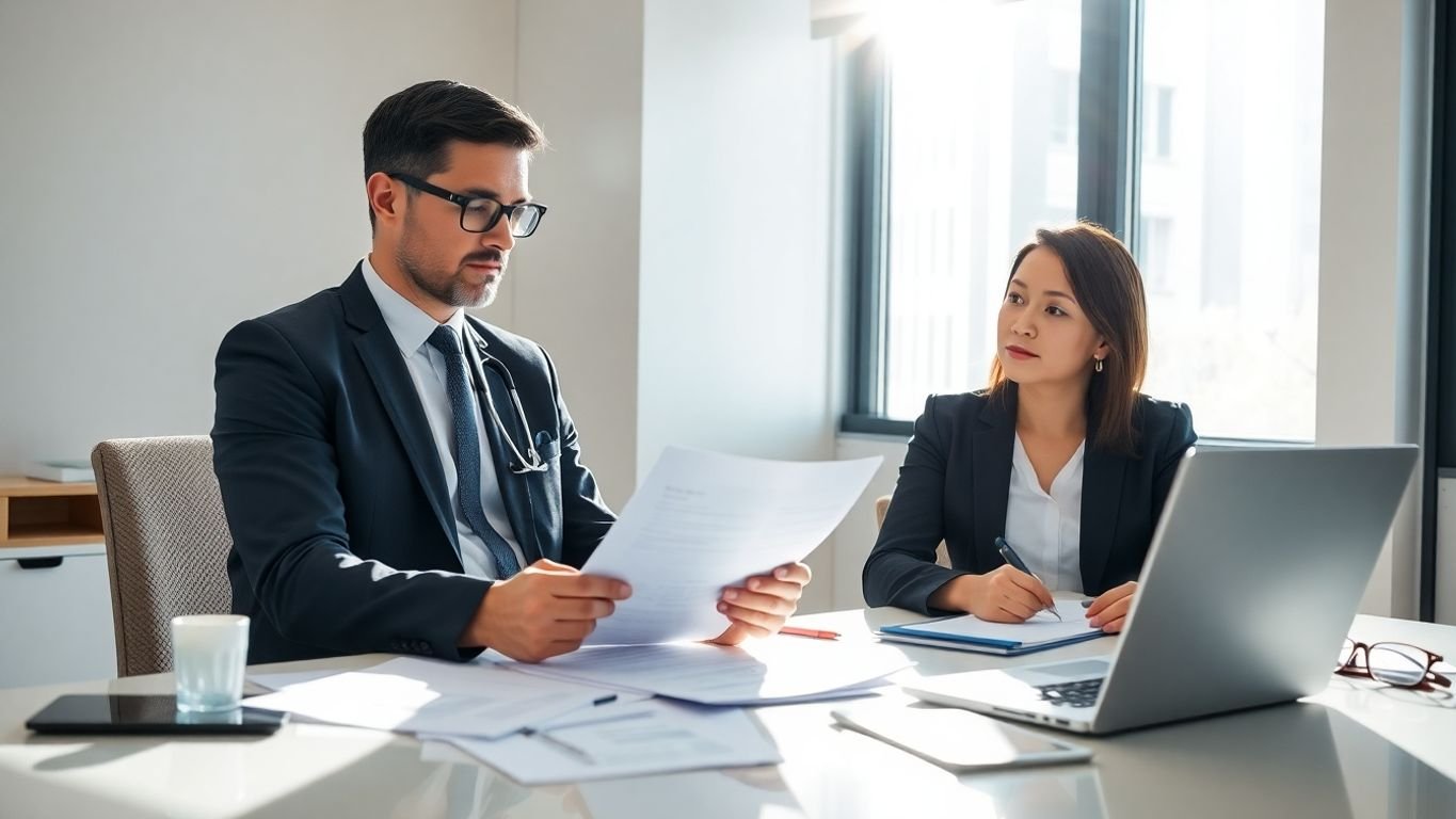 Doctor reviewing tax documents with accountant