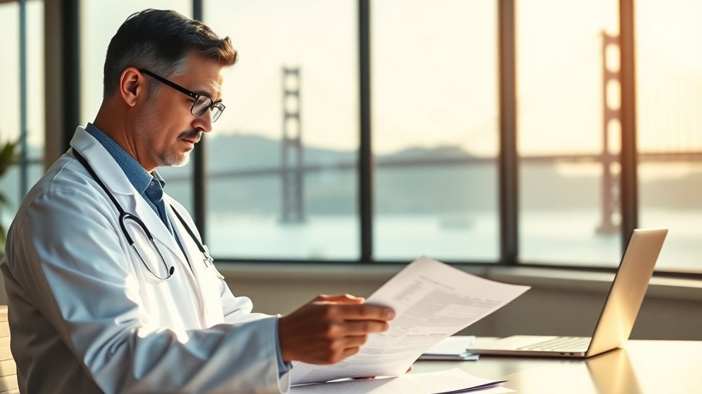 Doctor, accountant, tax documents, California golden gate bridge.