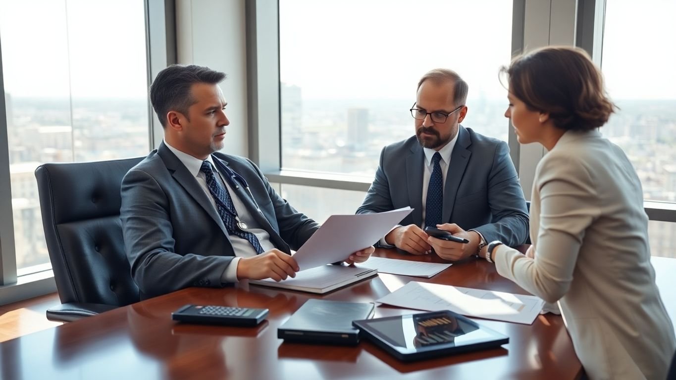 Doctor reviewing tax documents with a financial advisor.