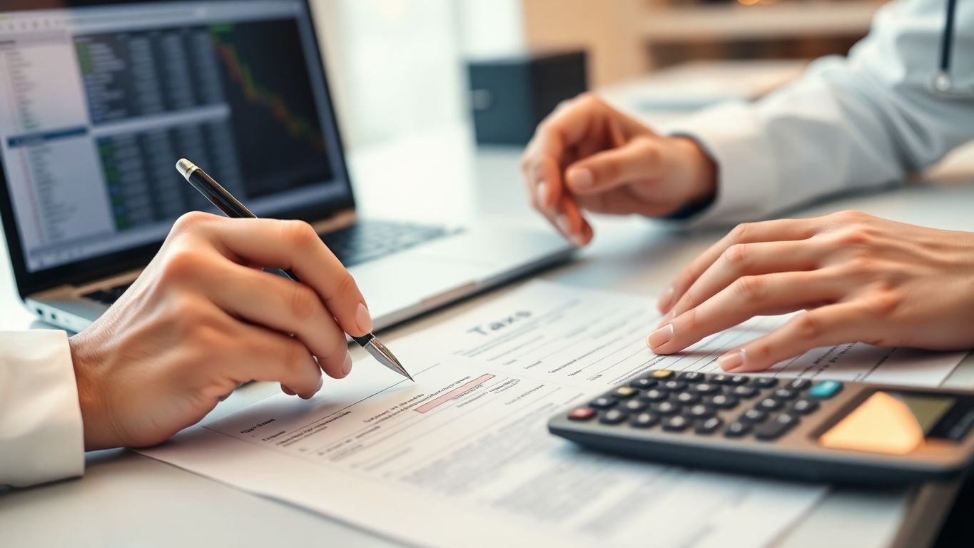 Doctor reviewing tax documents with calculator.