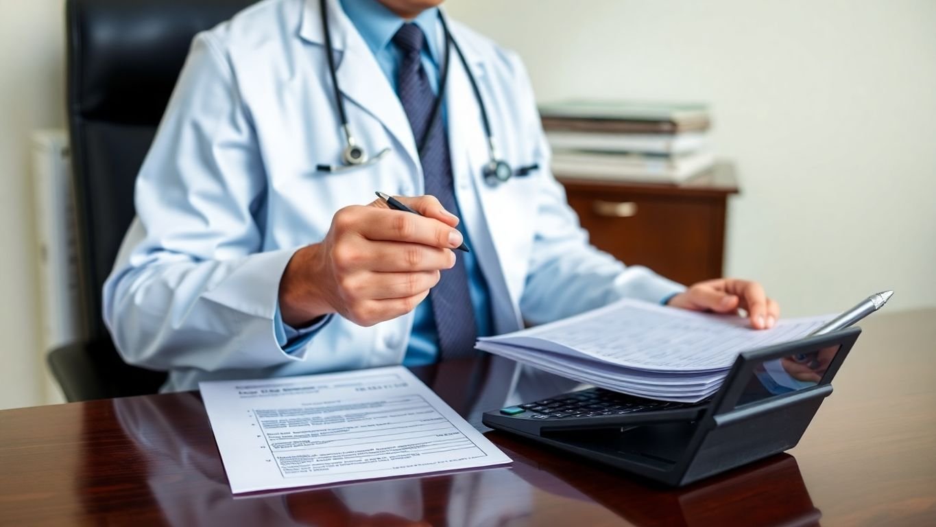 A doctor reviews tax forms with a calculator.