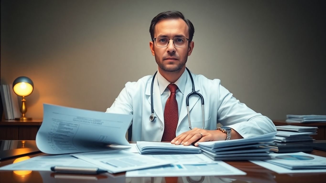 Doctor reviewing tax documents, planning retirement.