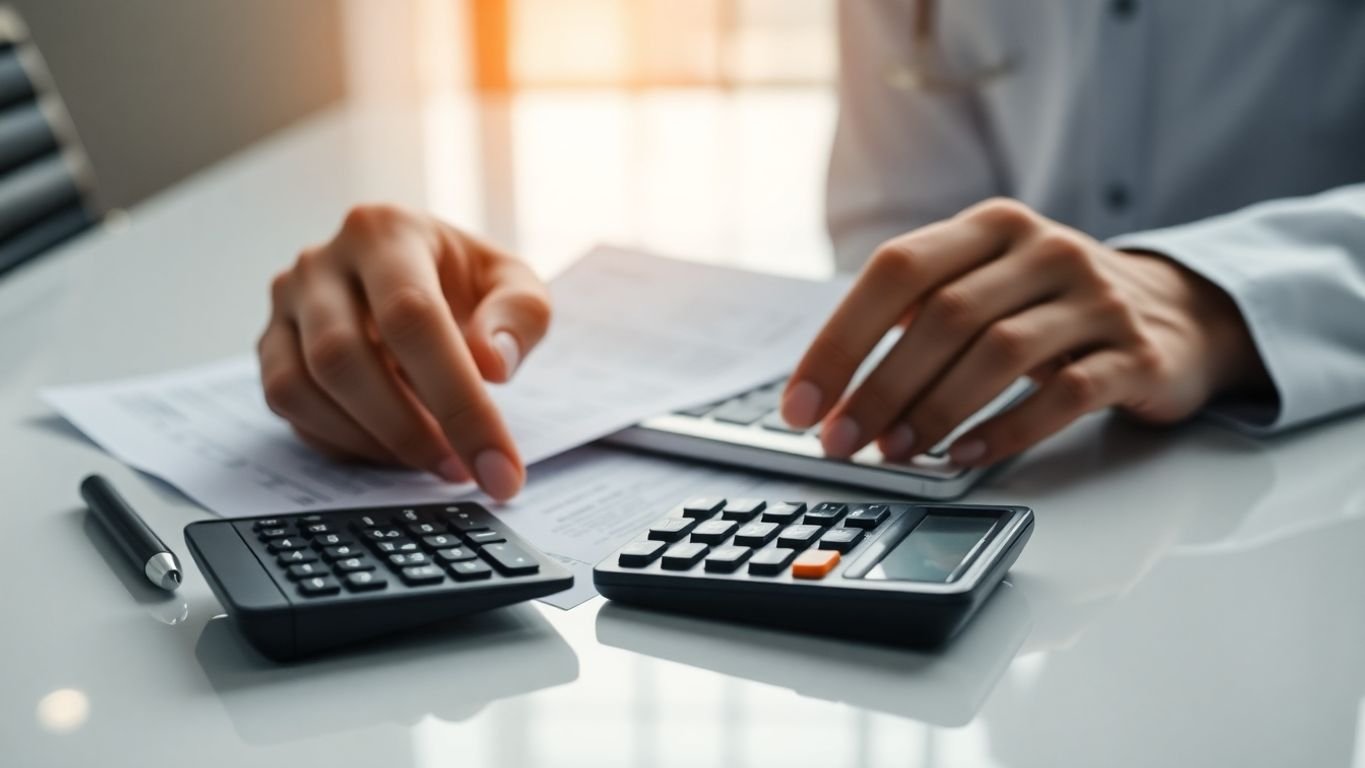 Doctor, calculator, money, tax forms, office.