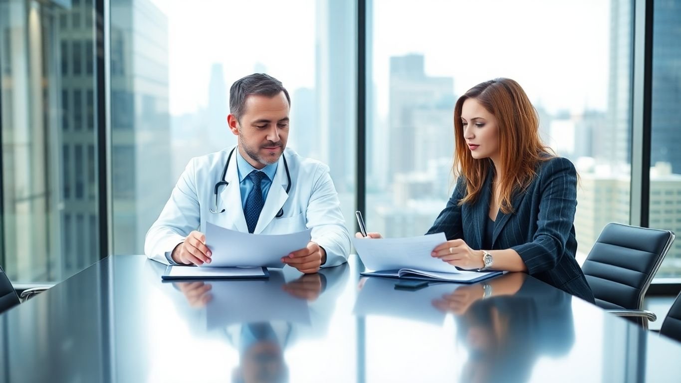 Doctor, accountant discussing finances, modern office