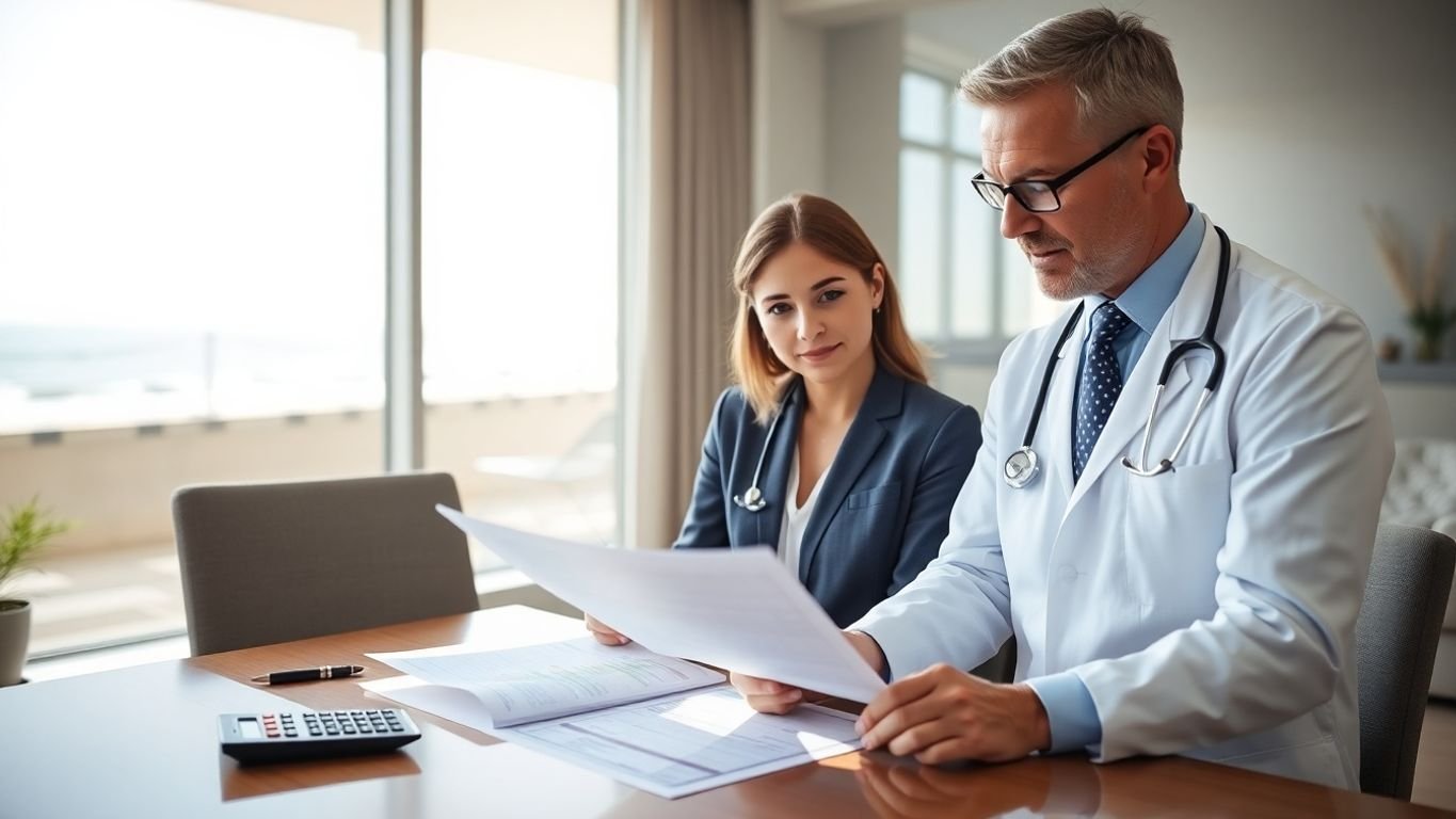 Doctor, accountant collaborating on financial documents.