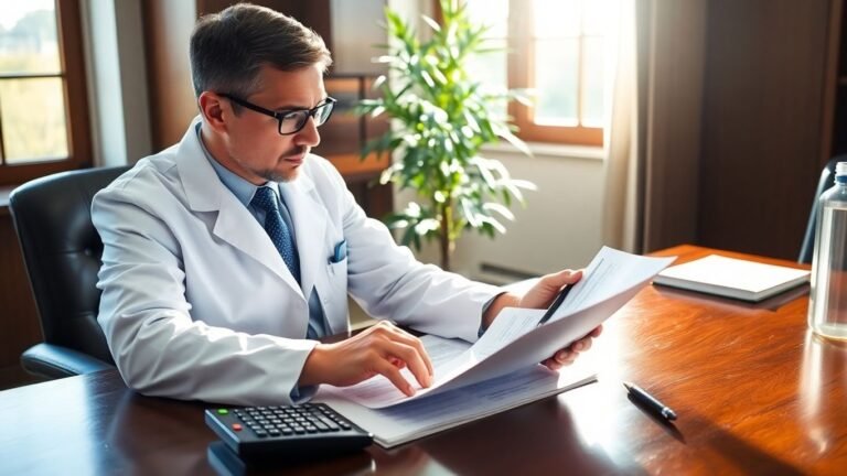 Doctor reviewing financial documents.