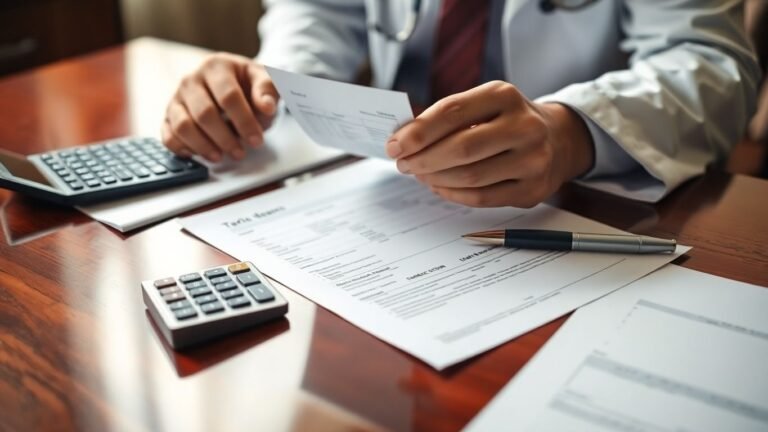 Doctor reviewing tax documents with calculator.