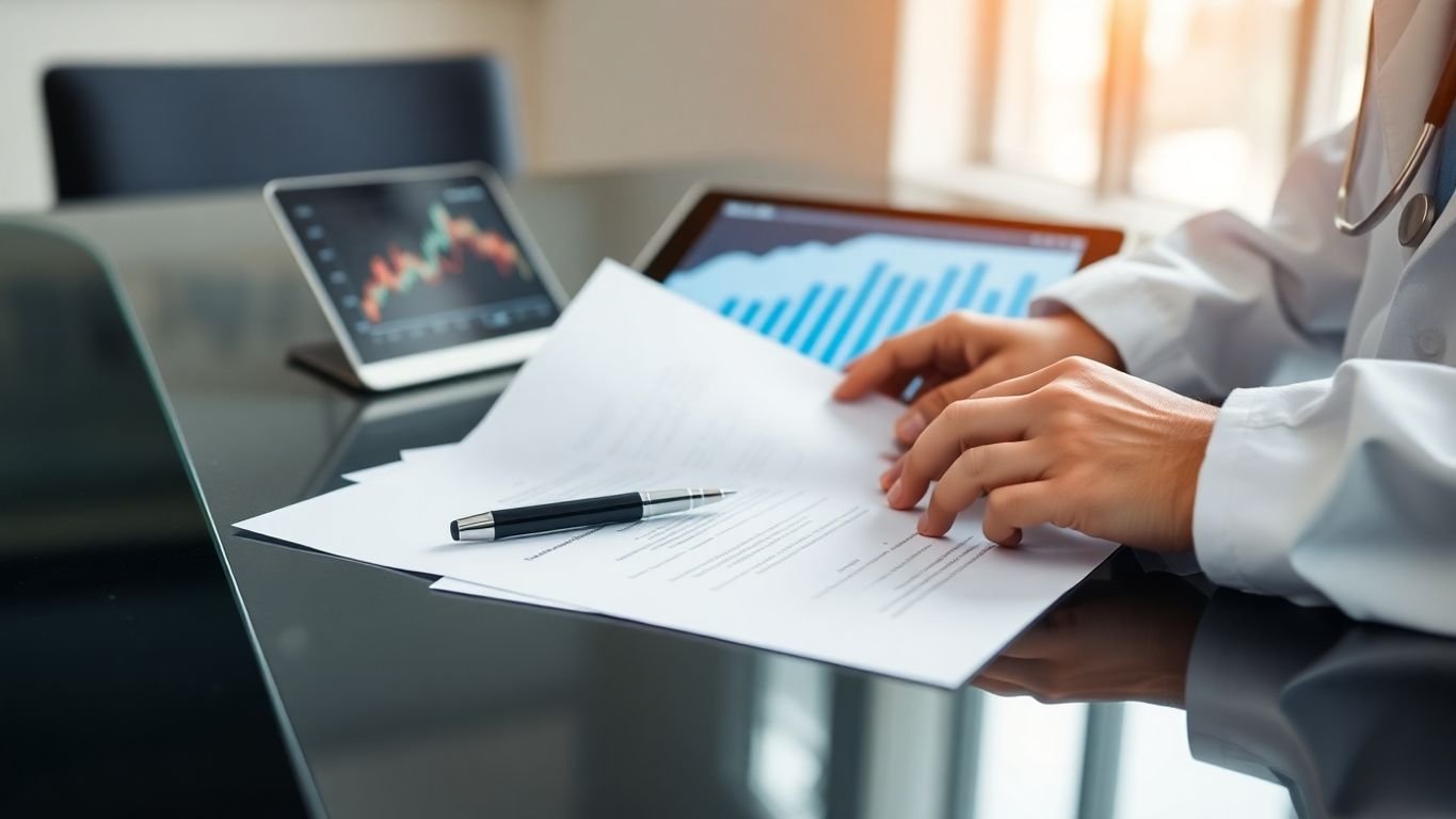 Doctor reviewing financial documents at modern desk.