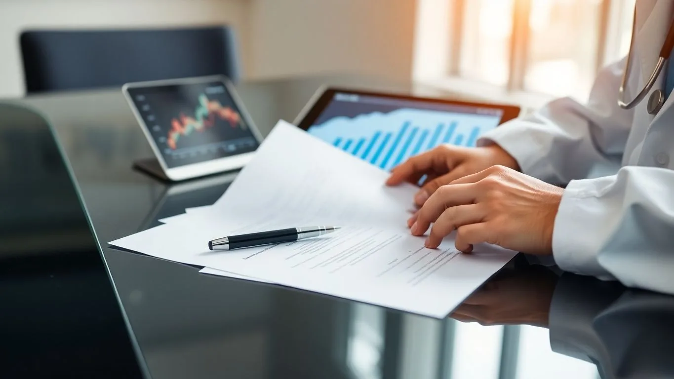 Doctor Reviewing Financial Documents At Modern Desk.