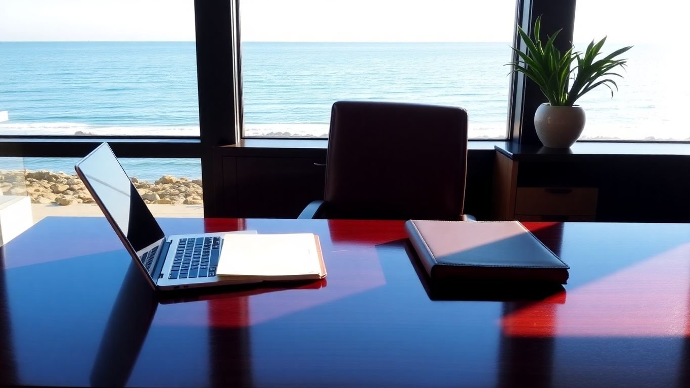 Executive desk, ocean view, professional, financial tools