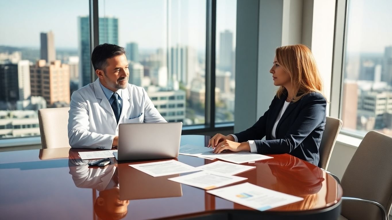 Dentist with CPA reviewing tax documents.