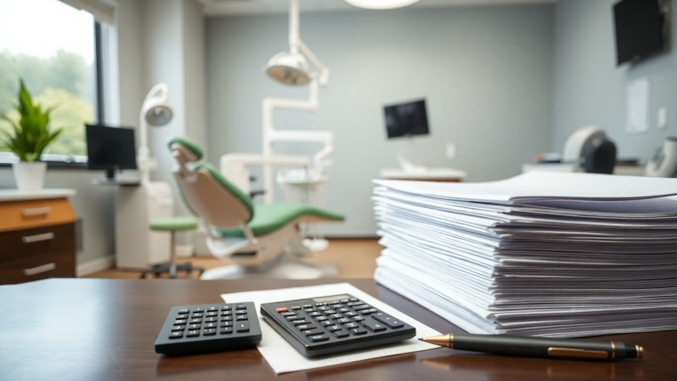 Dentist office, dental equipment, financial documents on desk