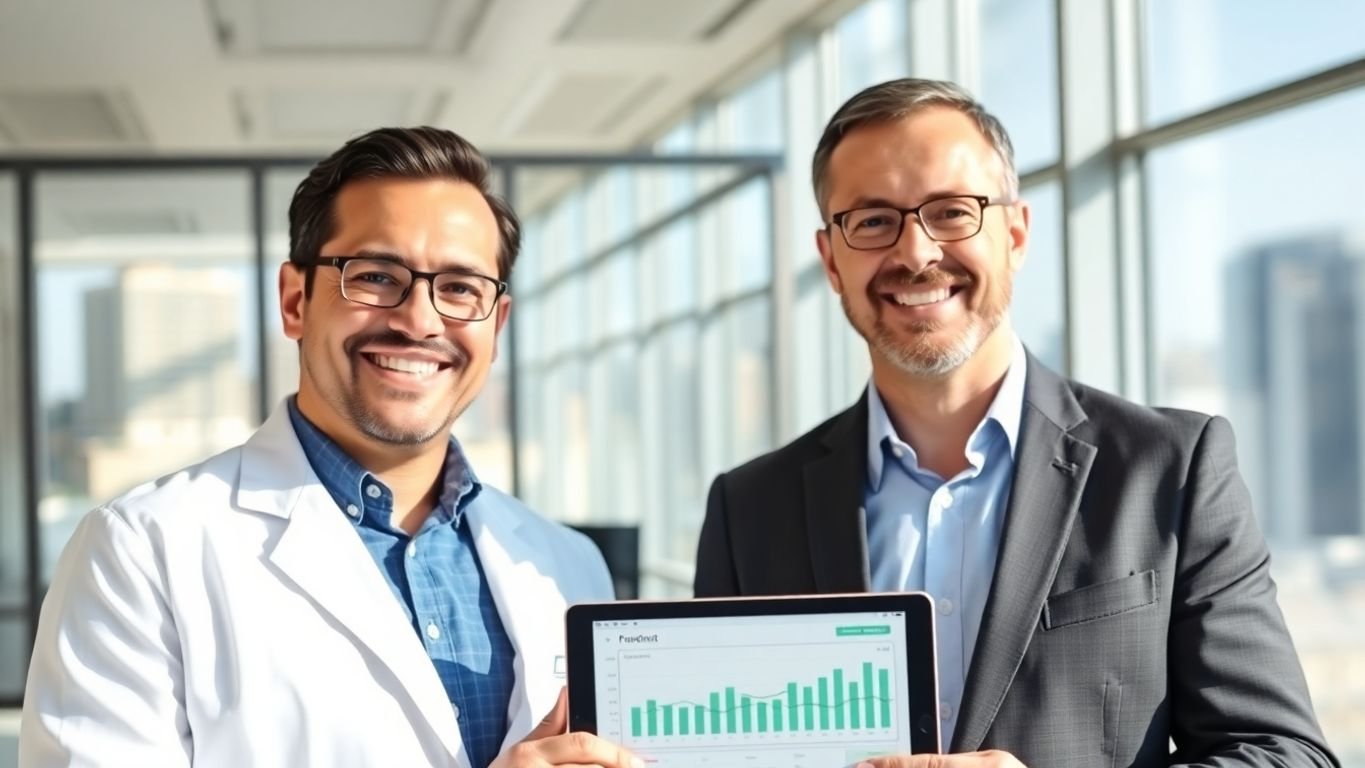 Dentist, confident smile, next to a professional CPA.