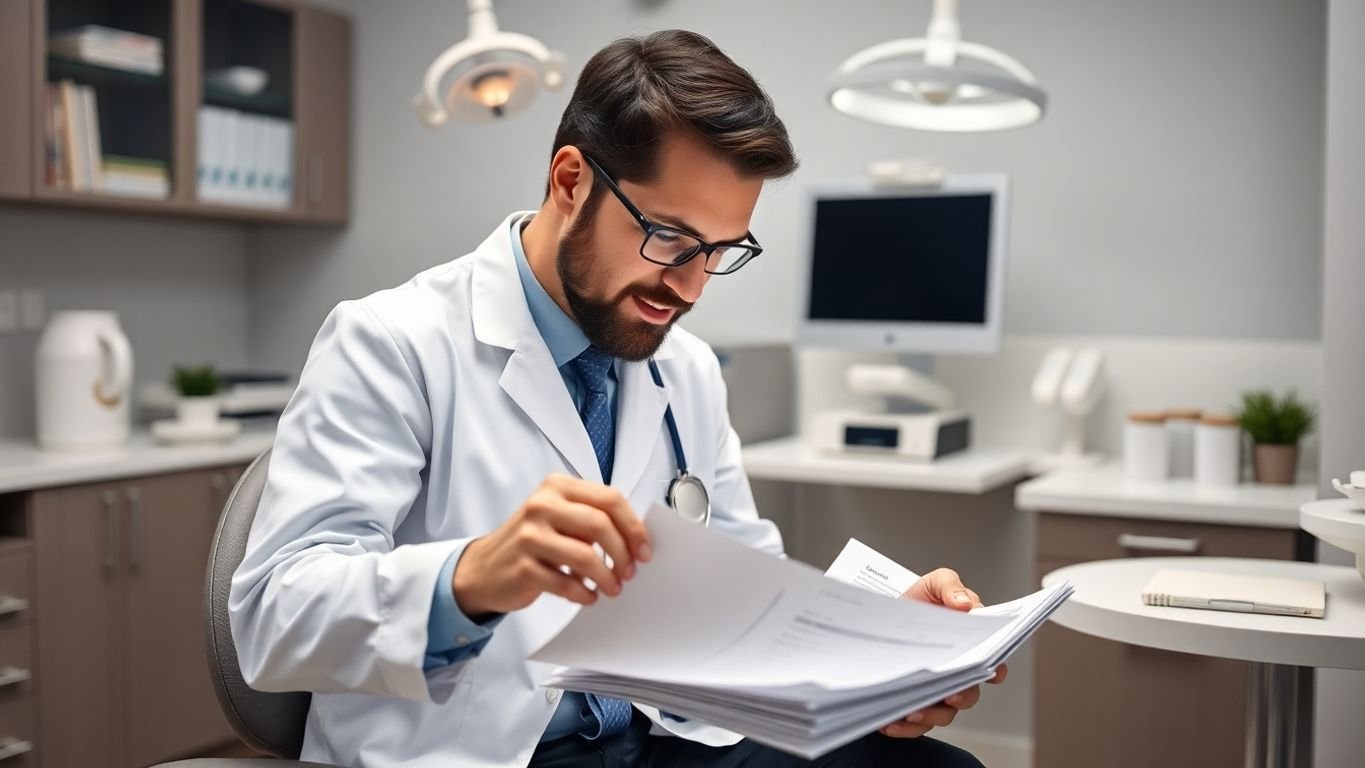 Dentist holding financial documents with a modern office background.