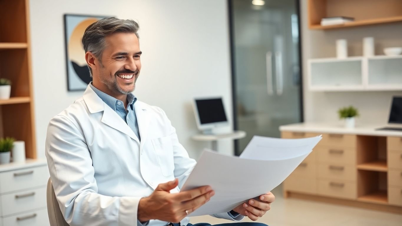 Dentist examining financial ledgers